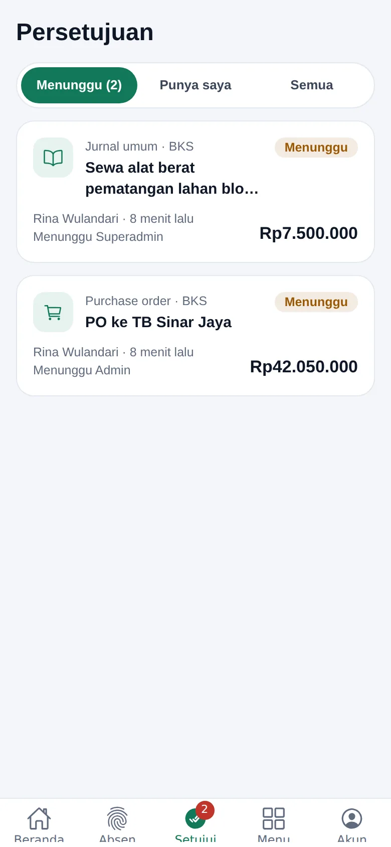 Persetujuan PO dan jurnal dari aplikasi HP