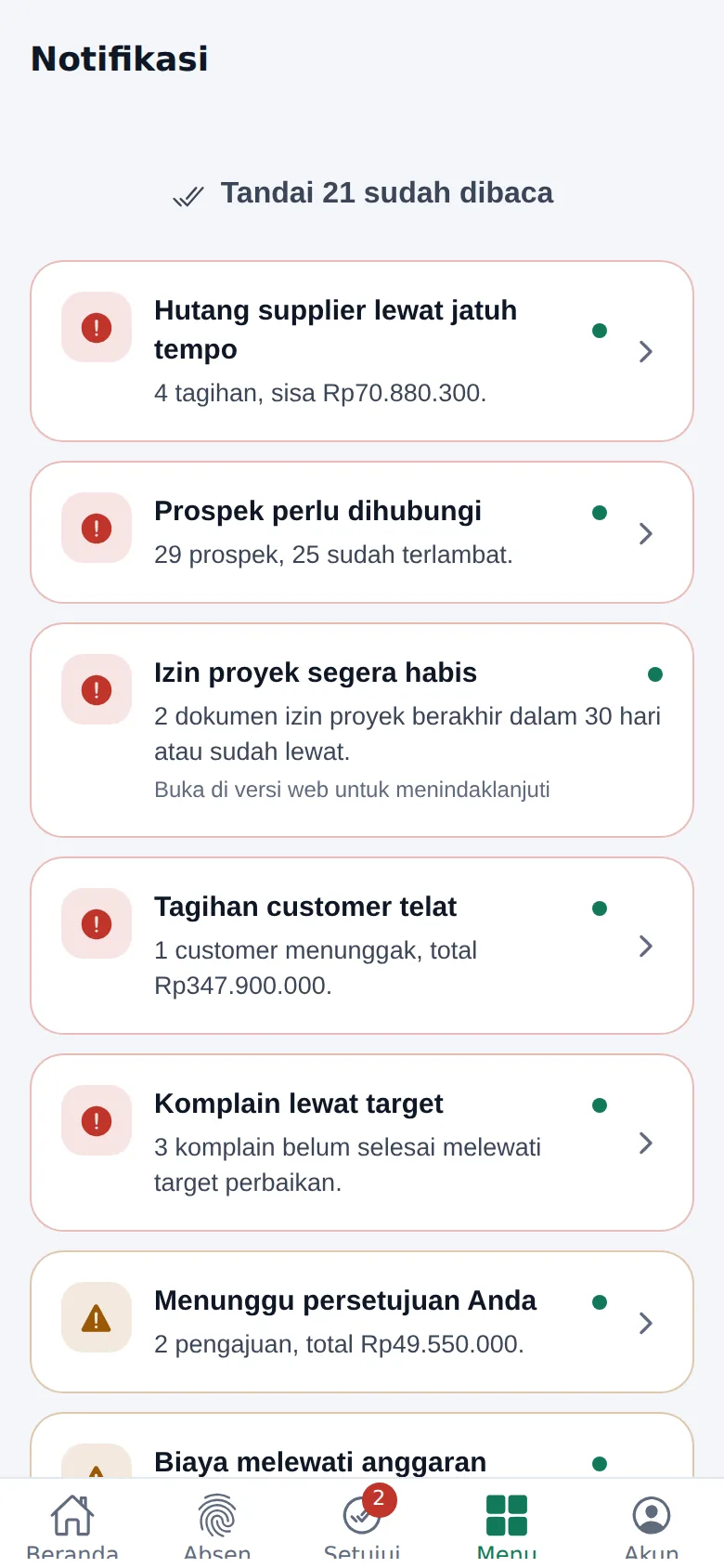 Aplikasi HP KavLink: notifikasi hal yang perlu ditindaklanjuti